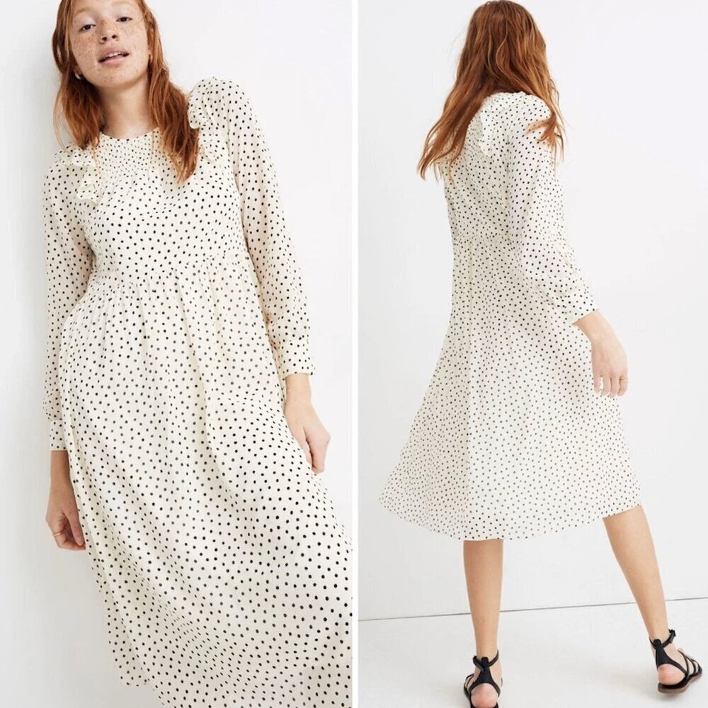Madewell Womens Smocked Ruffle-Shoulder Inkbrush Dots Dress Large White SP NWOT